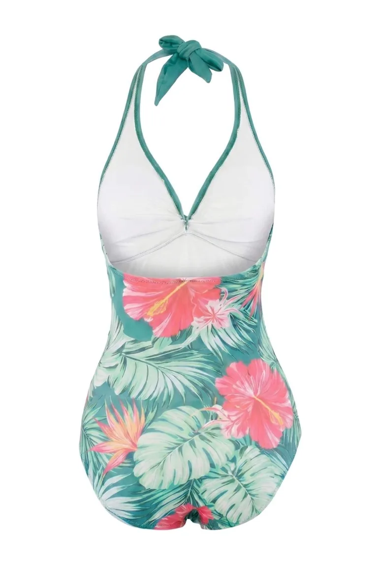 Floral Pattern V-Neck Covered Color Block Regular Swimsuit - 3