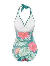Floral Pattern V-Neck Covered Color Block Regular Swimsuit - 3