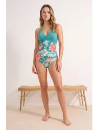 Floral Pattern V-Neck Covered Color Block Regular Swimsuit