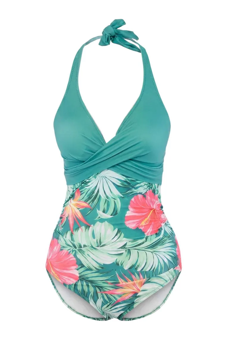Floral Pattern V-Neck Covered Color Block Regular Swimsuit - 1