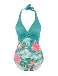 Floral Pattern V-Neck Covered Color Block Regular Swimsuit - 1