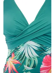 Floral Pattern V-Neck Covered Color Block Regular Swimsuit - 2