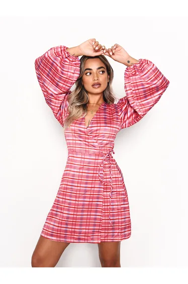 Red Pink Check Wrap Front Mini Dress