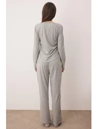 Gray Melange Cotton Gathered Detailed Knitted Pajama Set - 2