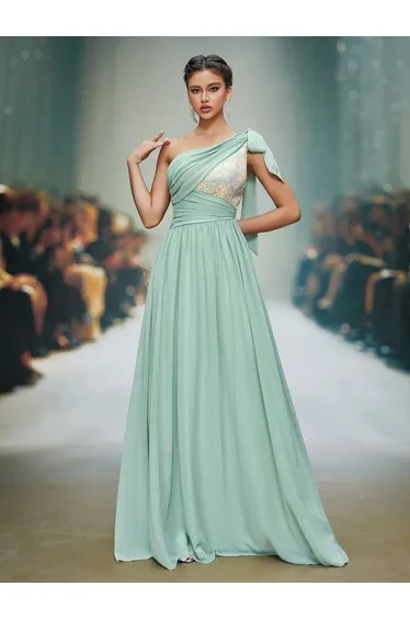 Leely Elegant One Shoulder Sleeveless Evening Gown