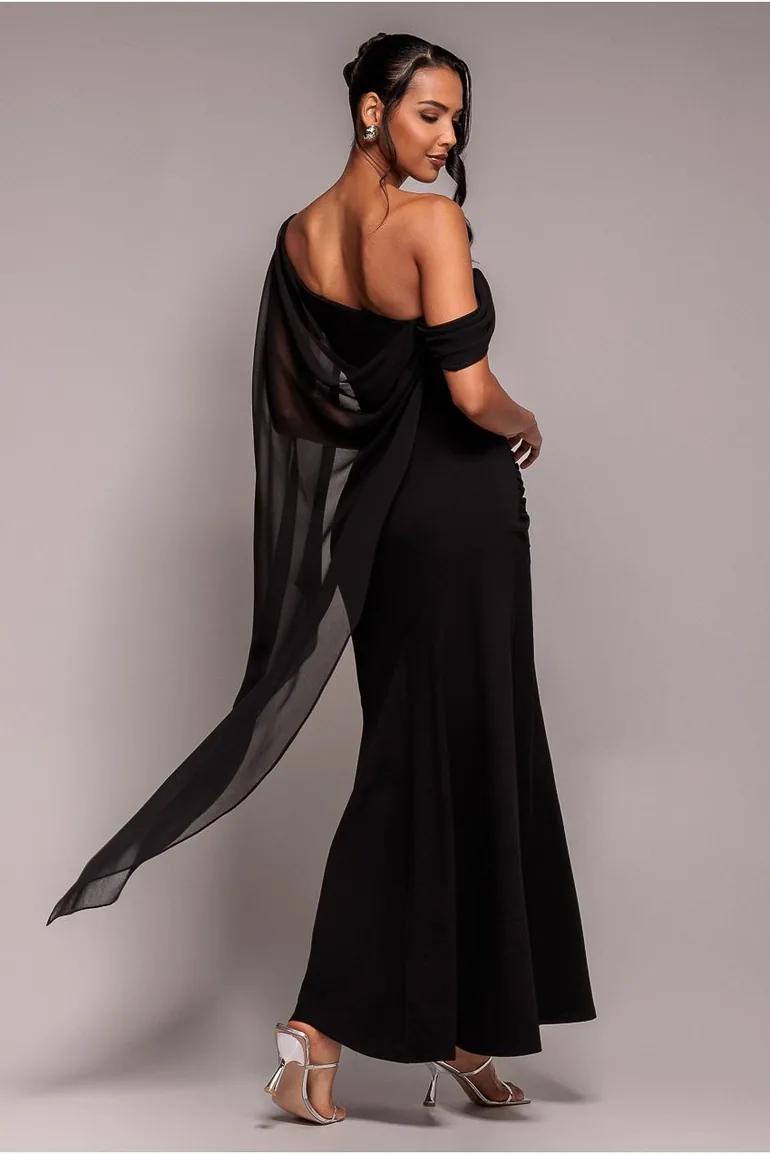 One Shoulder Cape Scuba & Chiffon Maxi Dress - Black by Goddiva - 1