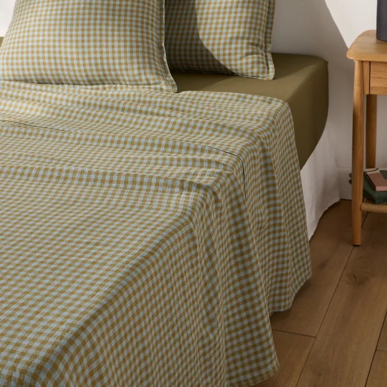 AcÃ©lie Olive/Opaline Washed Linen Flat Sheet - 2