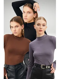 BIPANTOLON Women's 3-Pack Slim Fit Half Turtleneck Bodysuits