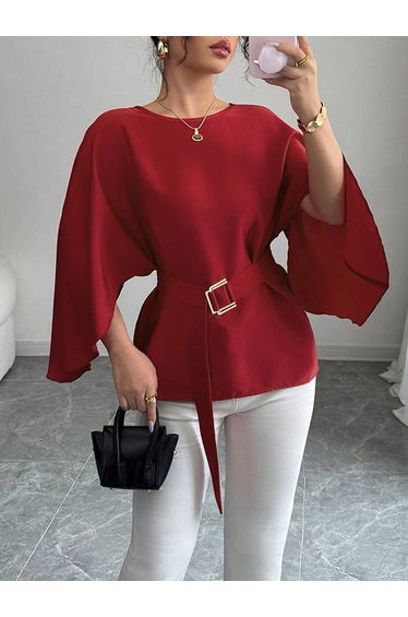 Batwing Sleeves Split-Joint Tied Waist Round-Neck Blouses&Shirts Tops product thumbnail 3
