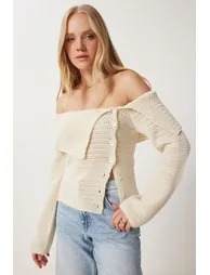 Women's Beige Buttoned Low Carmen Collar Knit Blouse - 1