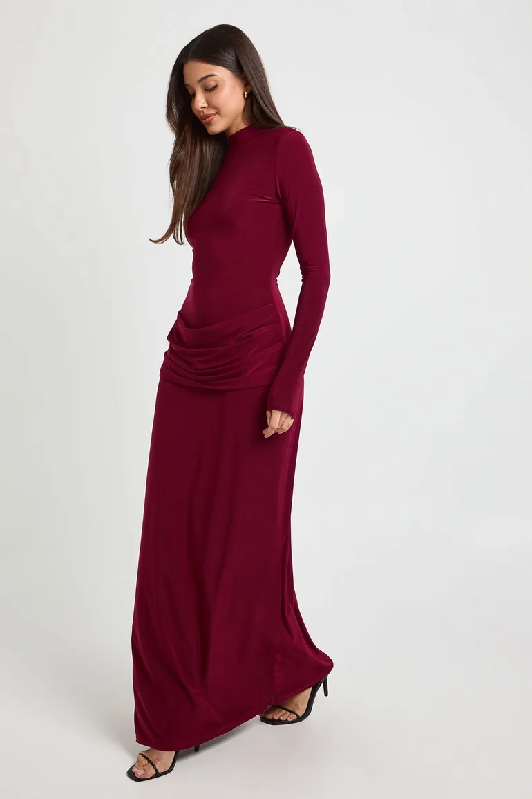 High Neck Drape Detail Long Sleeve Maxi Dress - burgundy - 1