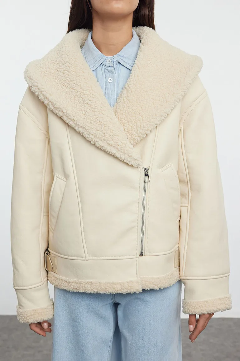 Ecru Plush Detailed Faux Leather Biker Jacket - 4