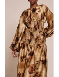 Green Abstract Long Sleeve Shirred Waist Maxi Dress - 3