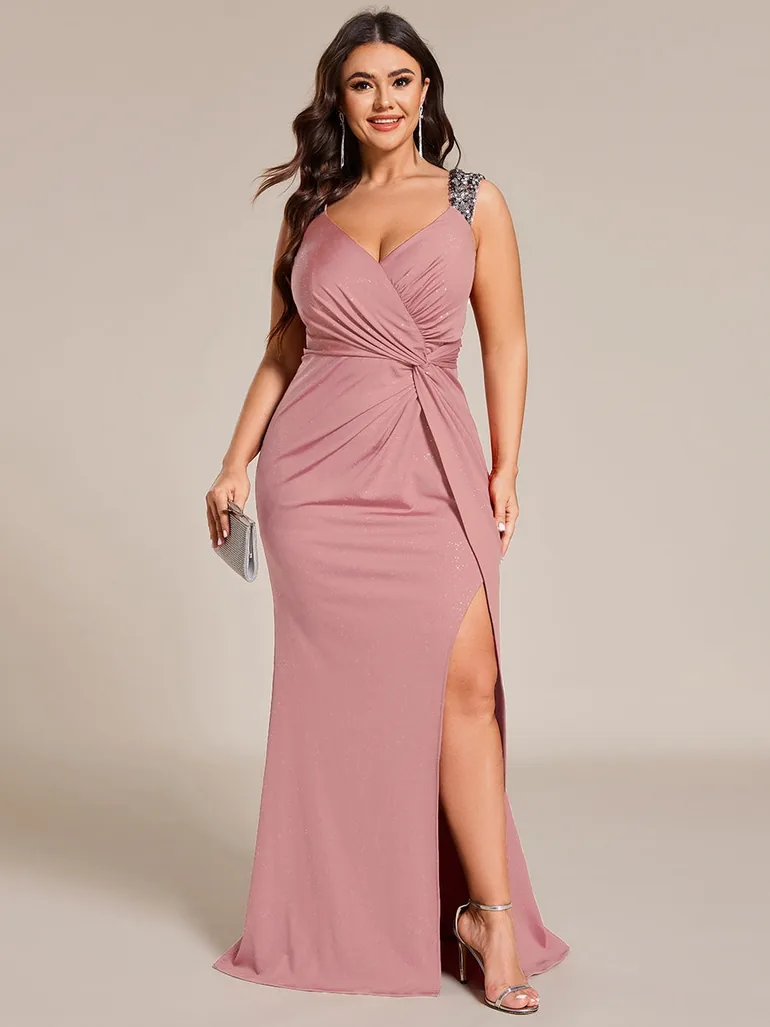 ever NOIRE|Sequin Shoulder Strap Twist High Slit Prom Dress - 5