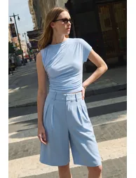 Asymmetrical Ruched Top And Pleated Wide Leg Shorts Set