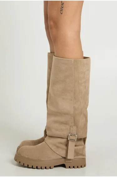 Fold Over Buckle Detail Knee High Biker Boots - taupe