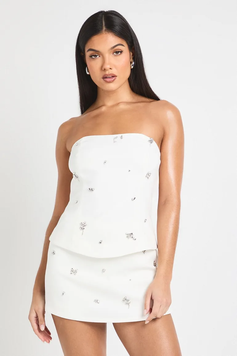 Diamante Embellished Bandeau Top - white - 1