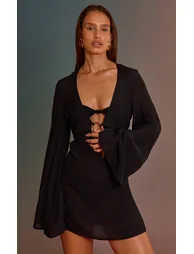 Black Linen Look O-ring Flute Sleeve Beach Dress