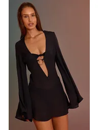 Black Linen Look O-ring Flute Sleeve Beach Dress - 3