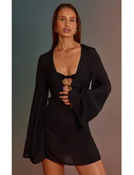 Black Linen Look O-ring Flute Sleeve Beach Dress - 5