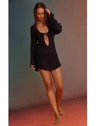 Black Linen Look O-ring Flute Sleeve Beach Dress - 2