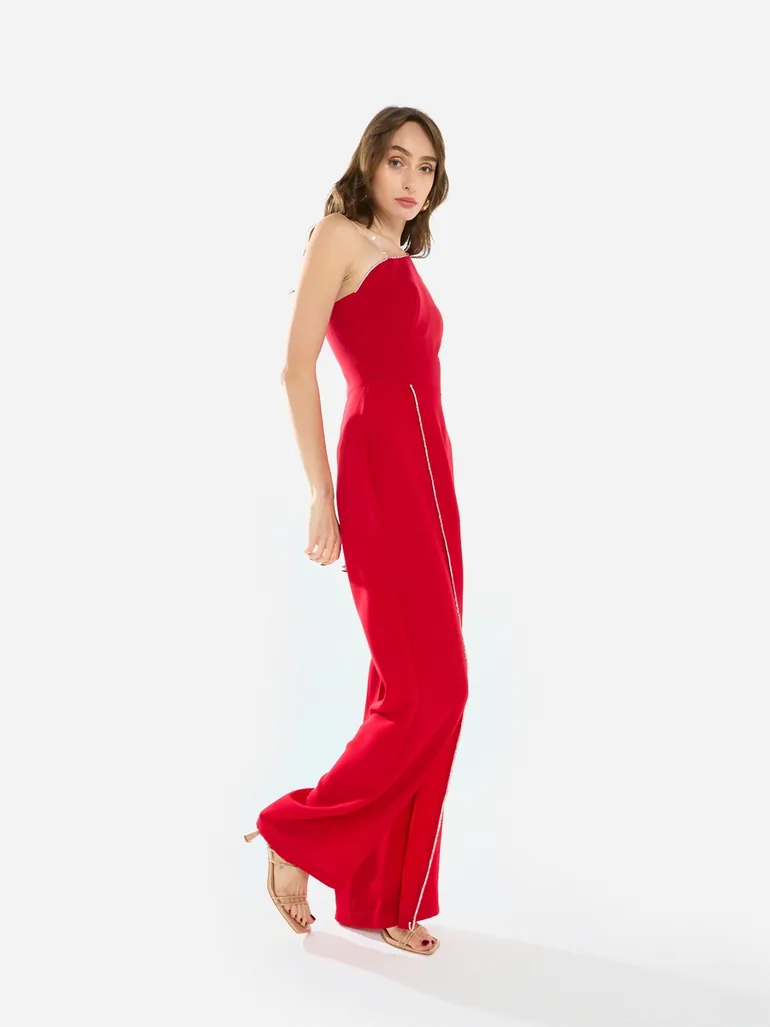 Women Crystal Trim One-Shoulder Jumpsuit - 2