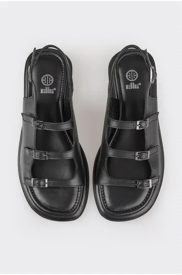 Black Leather Women's Flat Sandals