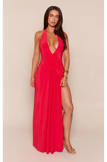 Red Double Layer Slinky Drape Maxi Dress