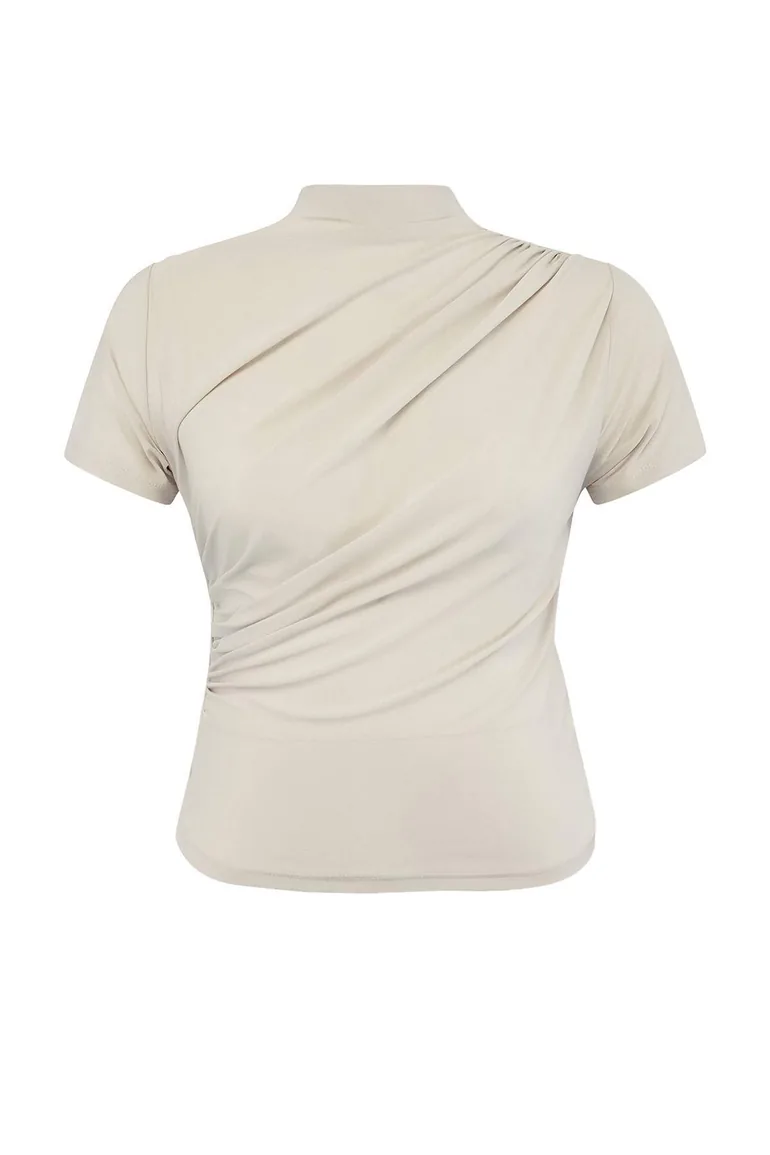 Stone High Neck Gathered Sandy Knitted Plus Size Blouse