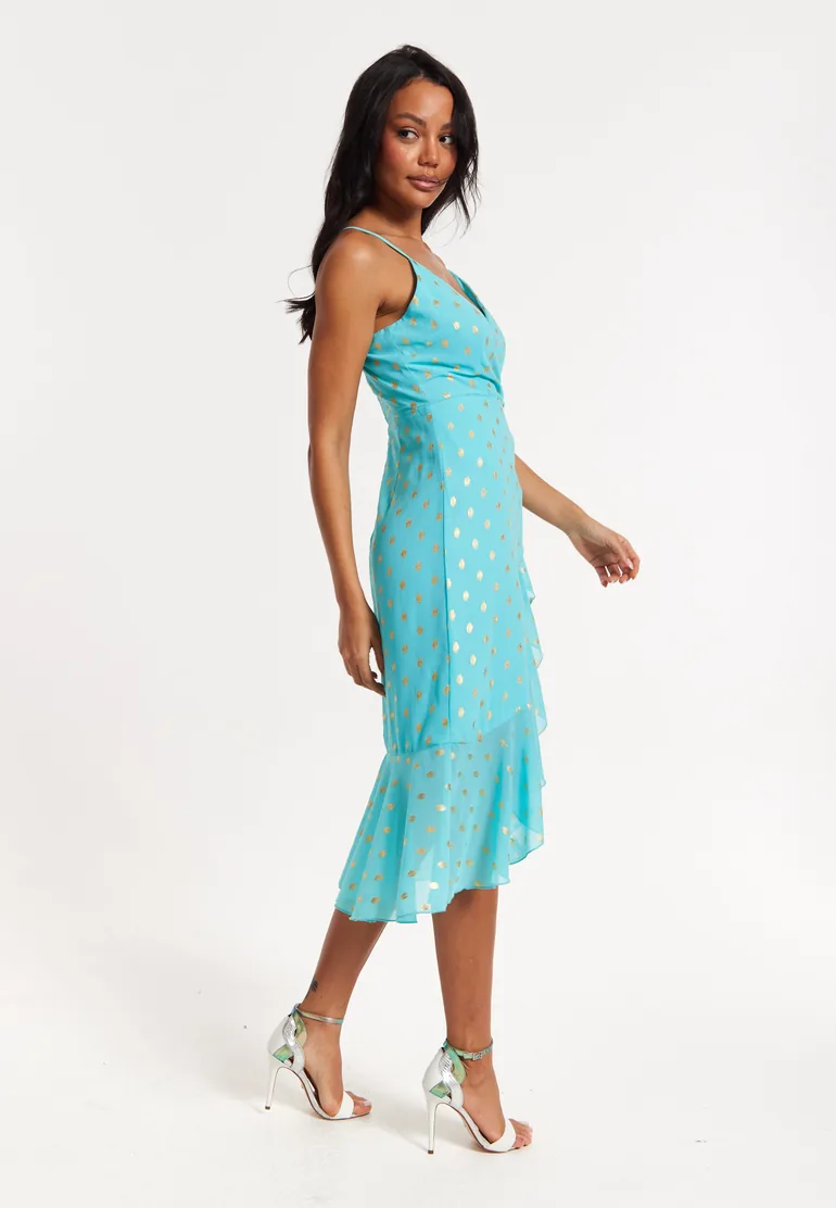 Turquoise Gold Print Wrap Midi Dress - 2