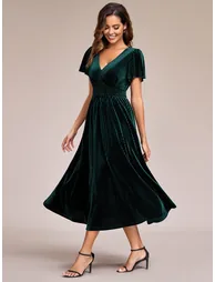 ever AZALEA|Graceful V-Neck Waist Design Short Sleeves Fall Velvet Midi Bridesmaid Dress - 3
