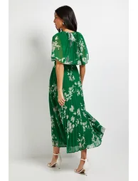 Pleated Cape Sleeve Midi Dress - 2