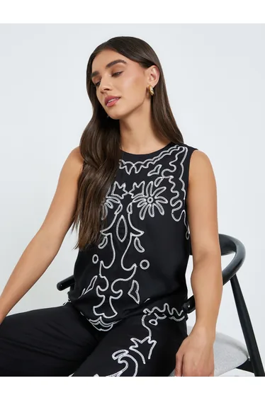 Women Black Sleeveless Embroidered Blouse