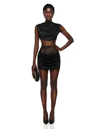 Siosi Black Ruched Top & Skirt Set with Lace Trim - 1