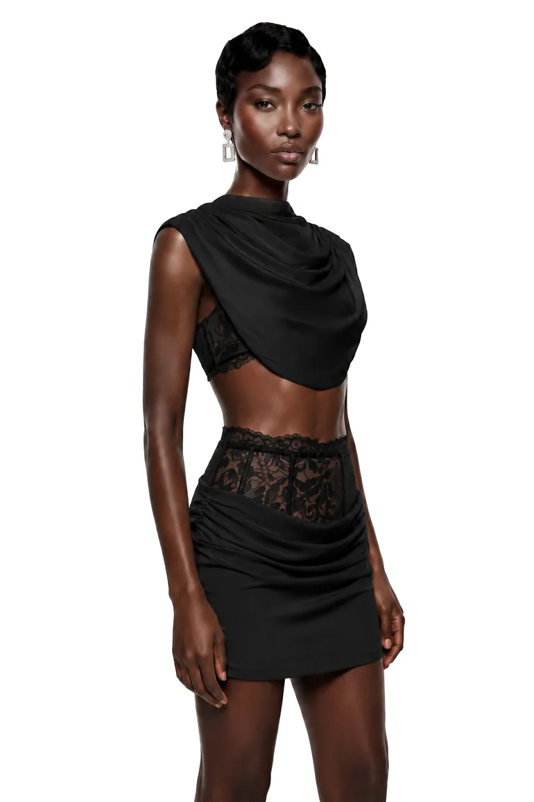 Siosi Black Ruched Top & Skirt Set with Lace Trim - 3