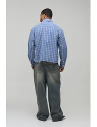 Oversized Boxy Raw Hem Checked Shirt - blue - 1