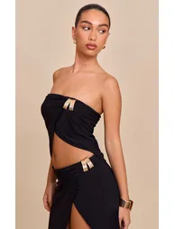 Black Double Layer Slinky Bandeau Split Hem Trim Top - 3