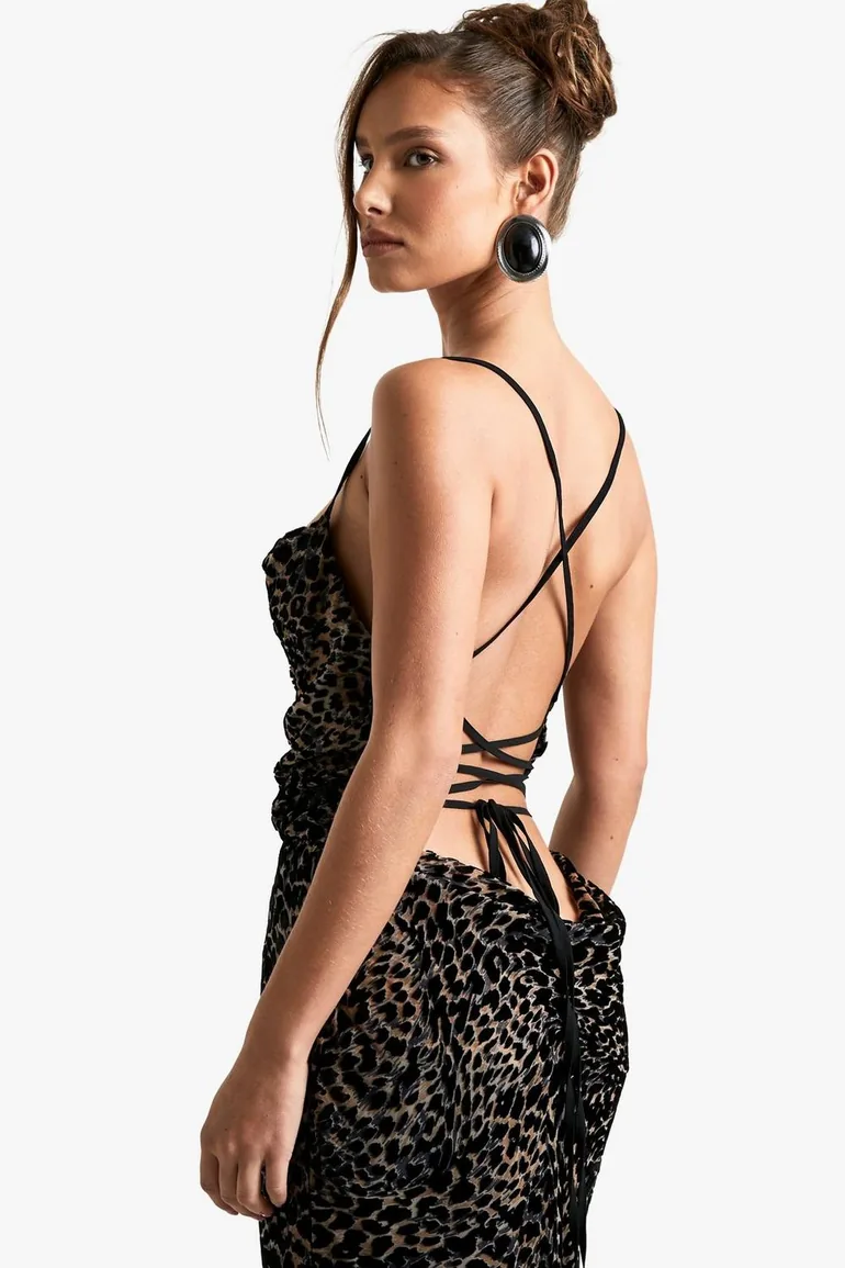 Leopard Devore Cowl Neck Tie Back Floor Length Dress - 3