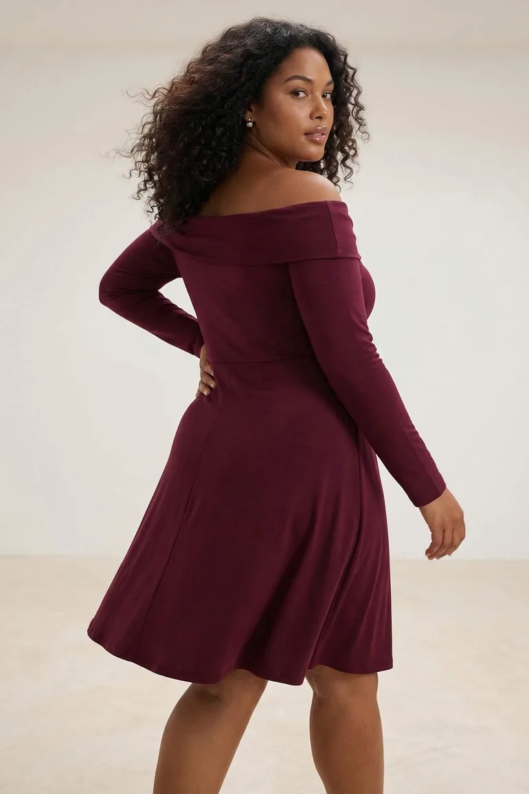 Plum Carmen Collar Accessory Detailed Knitted Plus Size Dress - 2
