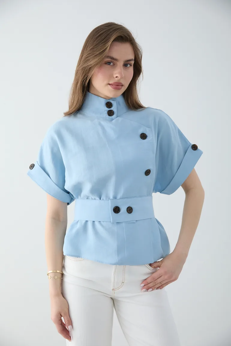 Blue Liyosel Draped Soft Textured Short Sleeve Blouse Jacket - 2