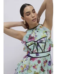 Green Floral Sleeveless Midi Dress - 3
