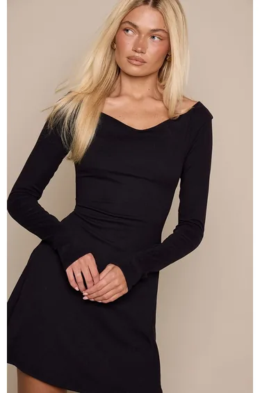 Black Soft Touch V Neck Long Sleeve Shift Dress