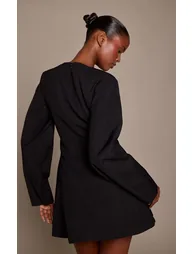 Black Woven Cocoon Sleeve Ruched Bodice Mini Dress - 2