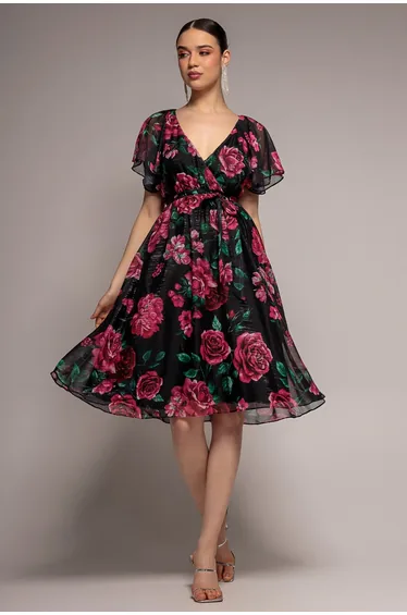 Goddiva Printed Lurex A-Line Flutter Sleeve Midi Dress - Black