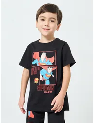 Boys Black Superman Cotton T-Shirt and Pants Set - 1