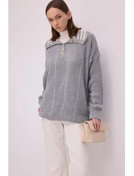Gold-Button-Detailed Braided Knit Sweater - 3