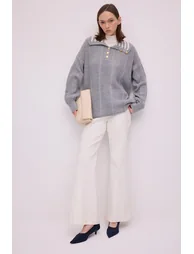 Gold-Button-Detailed Braided Knit Sweater