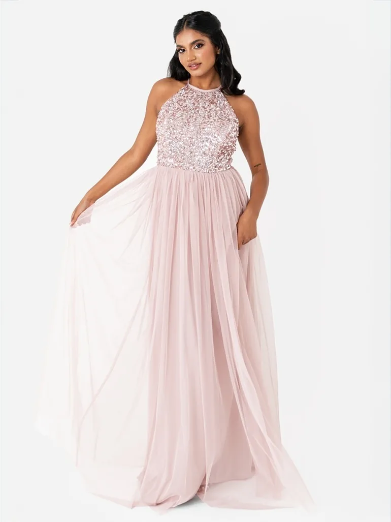 Maya Frosted Pink Embellished Halter Neck Maxi Dress