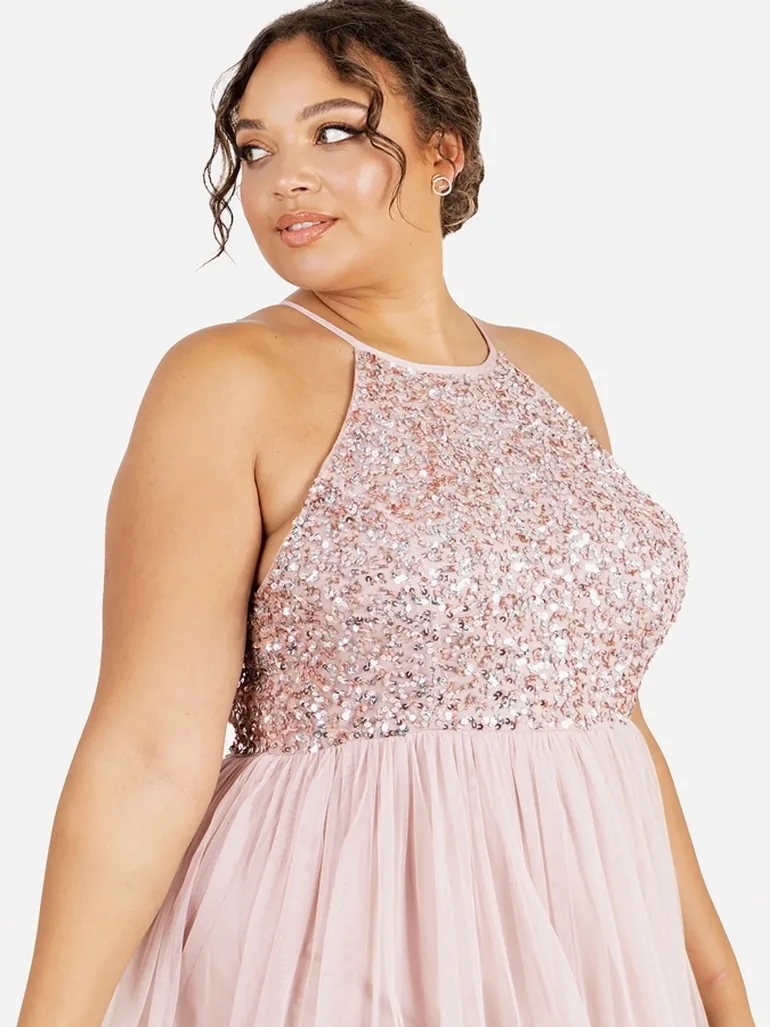 Maya Frosted Pink Embellished Halter Neck Maxi Dress - 7