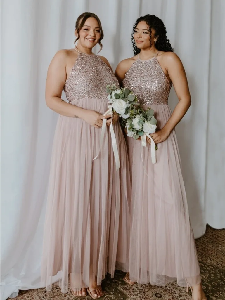 Maya Frosted Pink Embellished Halter Neck Maxi Dress - 3